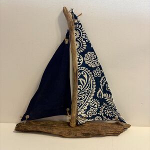 Driftwood Sailboat 12” X 12’ Nautical Art Blue White Sails Natural Wood